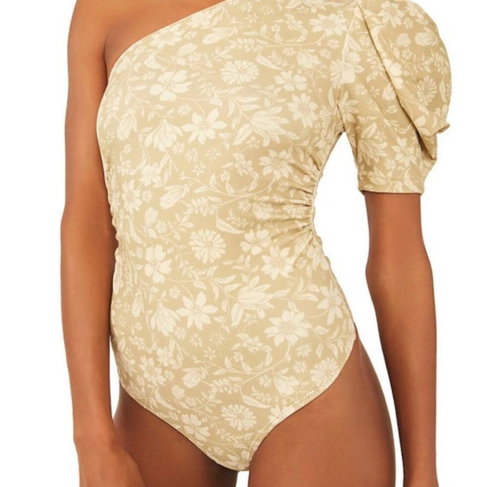 Free People Bohemian  One Shoulder Puff Sleeve Floral Bodysuit Beige Women’s S